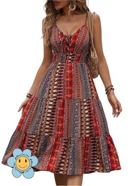 SHEIN ~ Midi Sundress ~ Multi-Colored ~ Boho Tie-Front at V in Center of Front